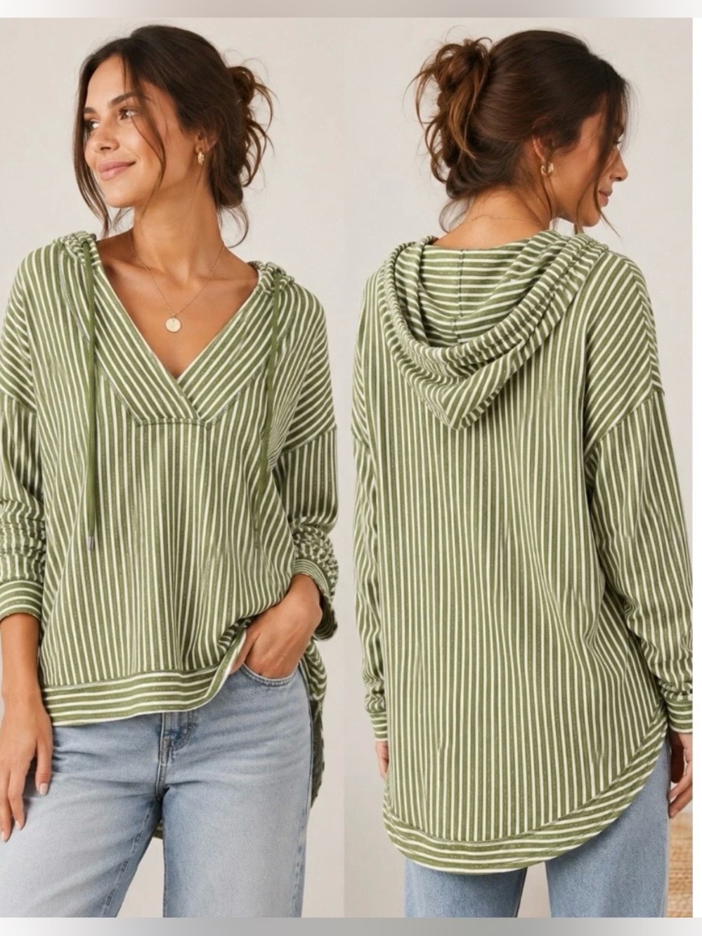 Anthropologie Pilcro Wharfside Hooded Sweatshirt Green Stripe Size LP Slouchy